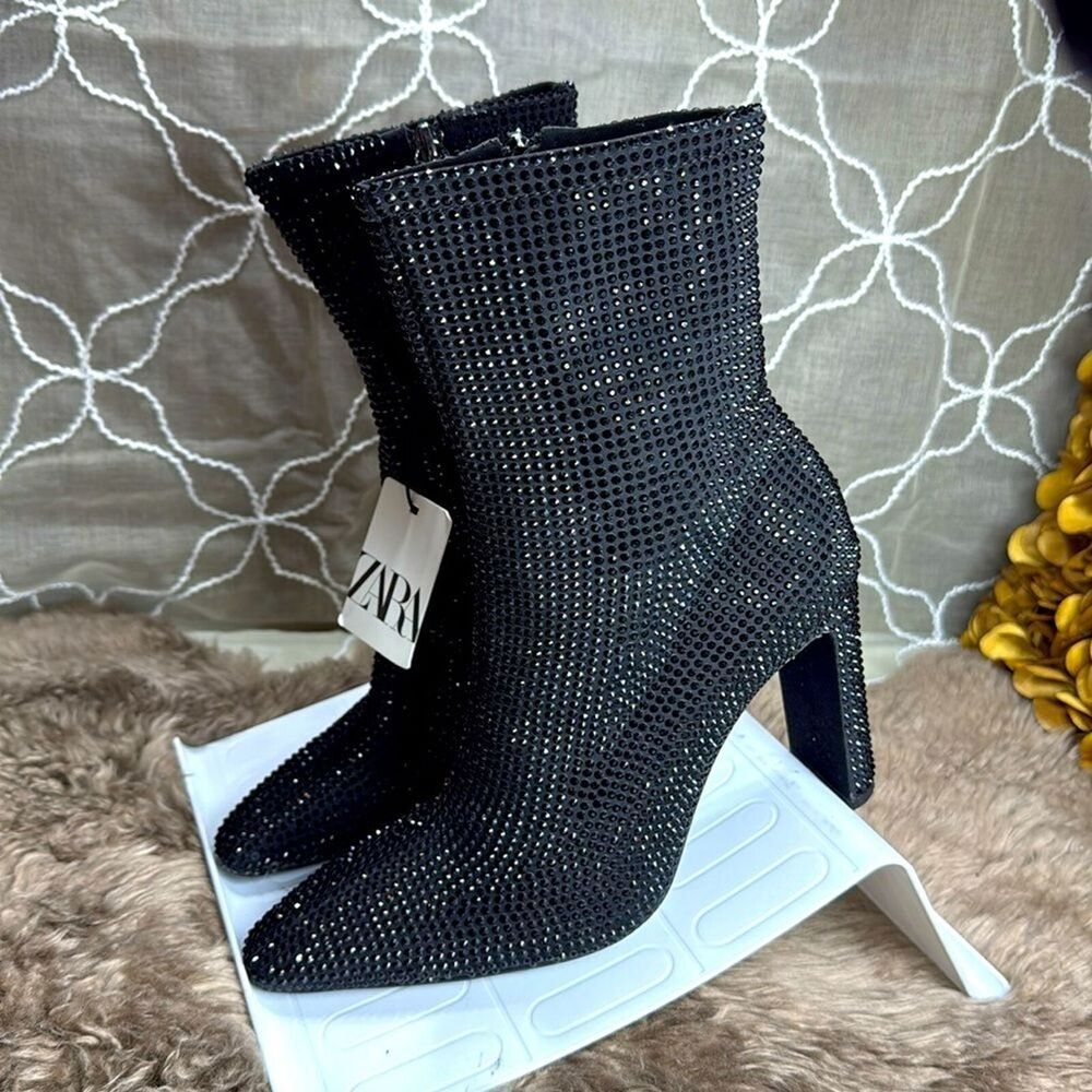 (W2) ZARA Women's Black Rhinestone Heeled Ankle Boots Size 37/6.5US - Picture 2 of 12
